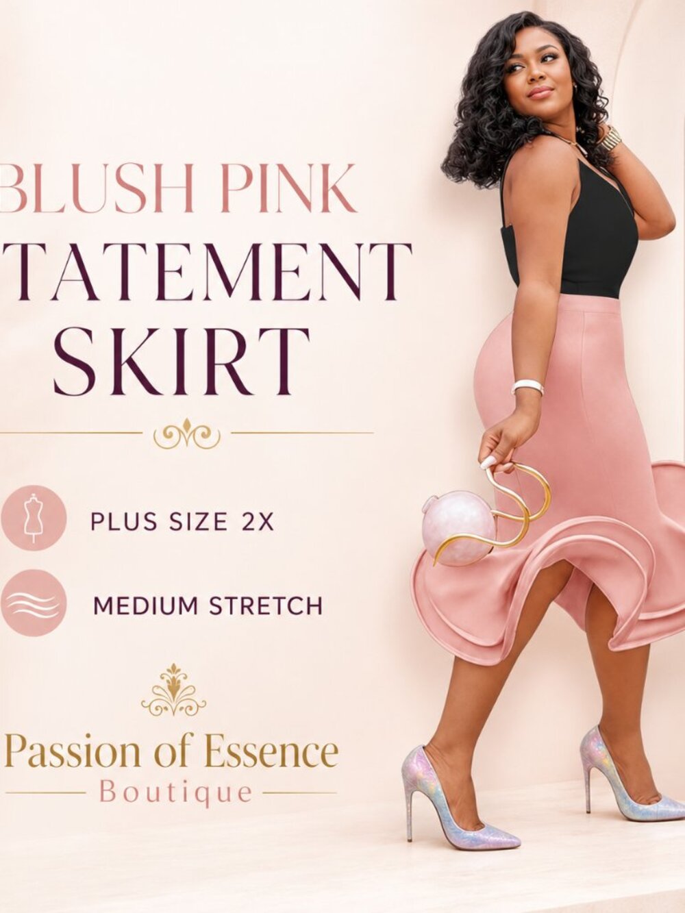 Blush Pink Ruffle Midi Skirt Fitted Bodycon - Picture 2 of 11